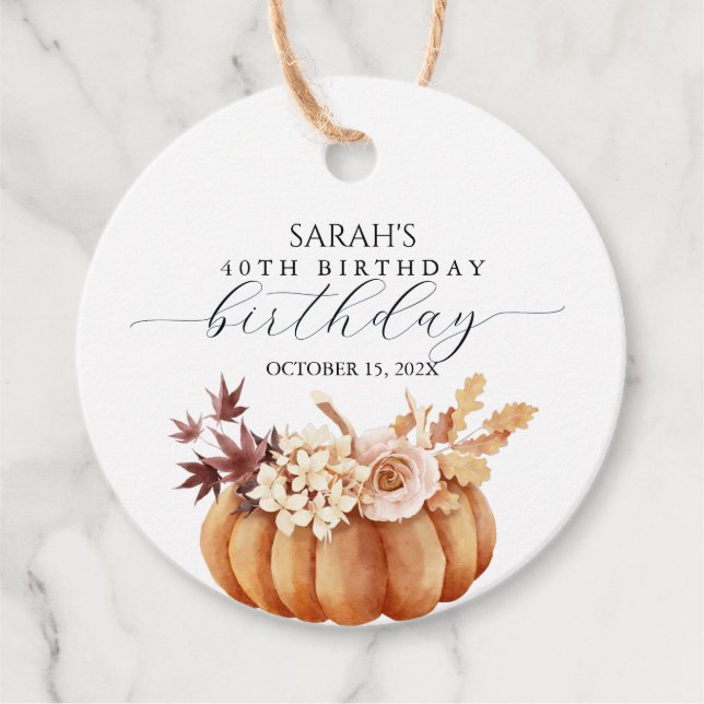 Étiquettes Cadeau Automne Floral Citrouille Femme Anniversaire Brunc (Devant)