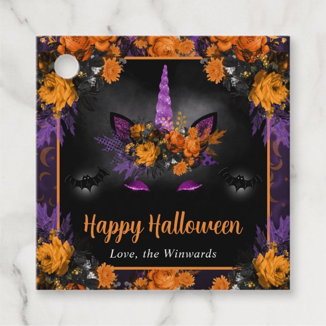 Étiquettes Cadeau Automne Floral Unicorn Face Halloween heureux (Devant)