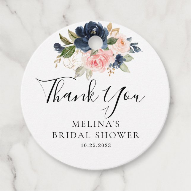 Étiquettes Cadeau Automne Or Bleu Rose Fleurs Mariage (Devant)