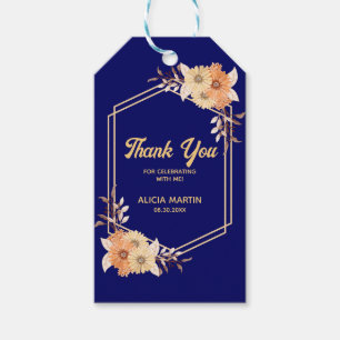 Étiquettes-cadeau Automne Orange Fleur Or Marine Merci bleu