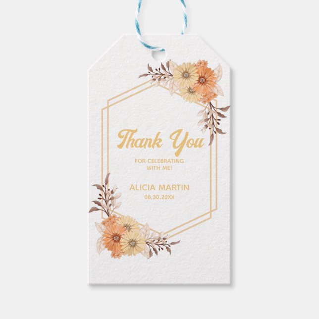Étiquettes-cadeau Automne Orange Fleur or Merci blanc (Devant)