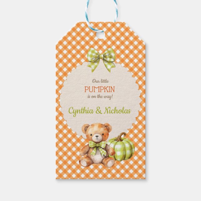 Étiquettes-cadeau Automne Plaid Teddy Bear Citrouille Feuilles (Devant)
