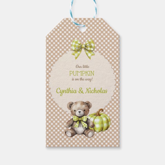 Étiquettes-cadeau Automne Plaid Teddy Bear Citrouille Sage Feuilles (Devant)