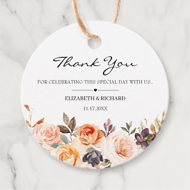 Étiquettes Cadeau Automne Terracotta Orange Gold Flowers Mariage (Devant)