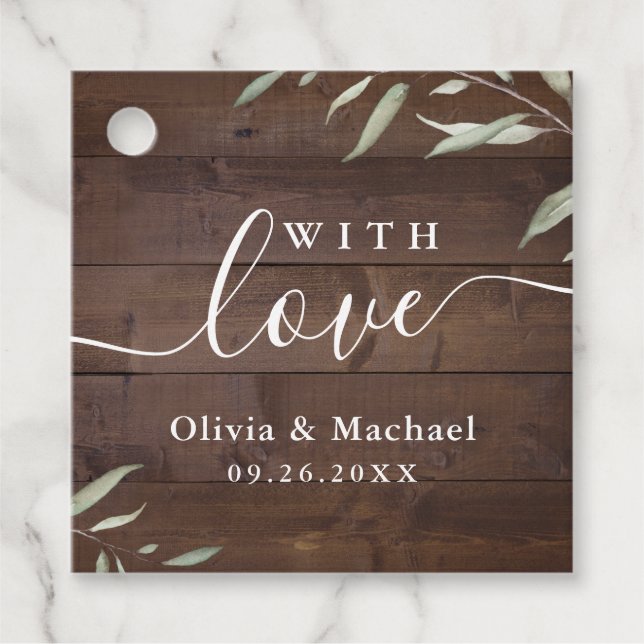 Étiquettes Cadeau Avec amour élégant bois vert mariage rustique (Devant)