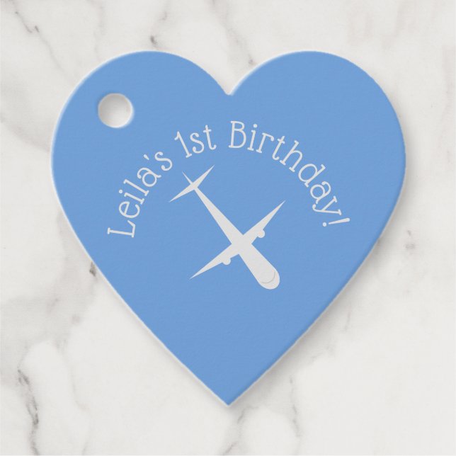 Étiquettes Cadeau Avion sur le coeur personnalisé bleu (Devant)