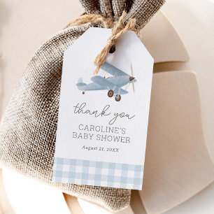 Étiquettes-cadeau Avion vintage Voyage Blue En vichy Baby shower