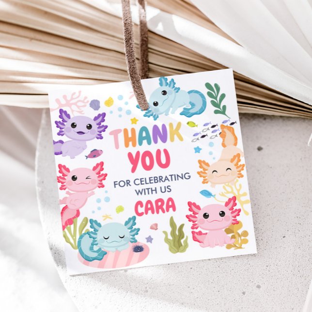 Étiquettes Cadeau Axolotl Alotl Amusant Anniversaire Carré (Axolotl Birthday Party Square Favor Tags)