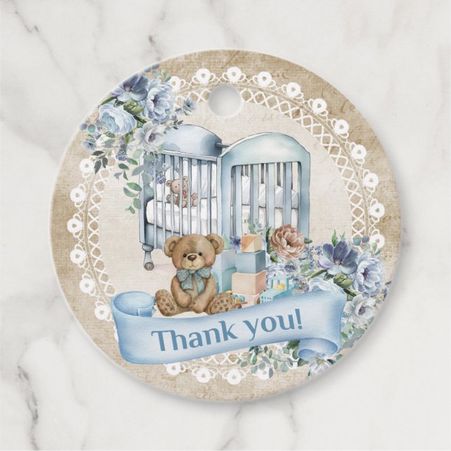 Étiquettes Cadeau Baby berceau ourson en peluche fleurs bleues garço (Devant)