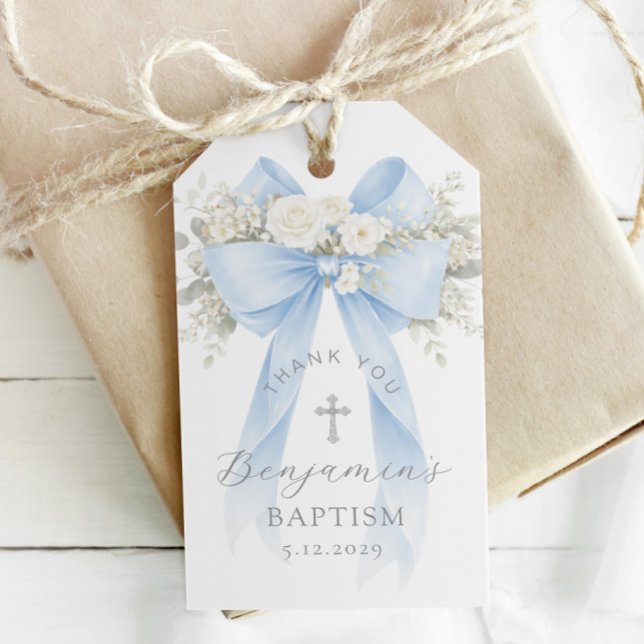 Étiquettes-cadeau Baby Boy Baptism Silver Cross Floral Bow (Créateur téléchargé)