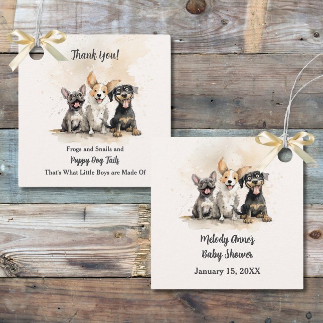 Étiquettes Cadeau Baby Boy Chien Chien Chien Chien Baby shower (Baby Boy Puppy Dog Tails Baby Shower Thank You Gift or Favor Tag with Watercolor Puppies.)