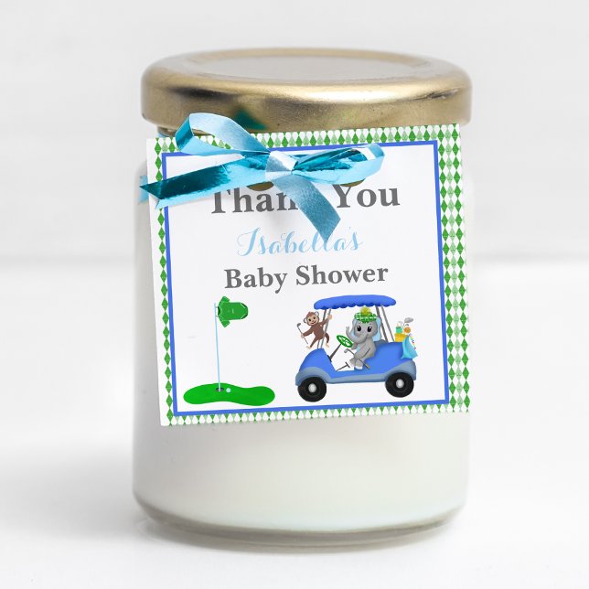Étiquettes Cadeau Baby Boy Elephant & Monkey Douche (Fore-tastic Favors: Elevate gifting with this golf-themed artwork, easily customized for your shower)