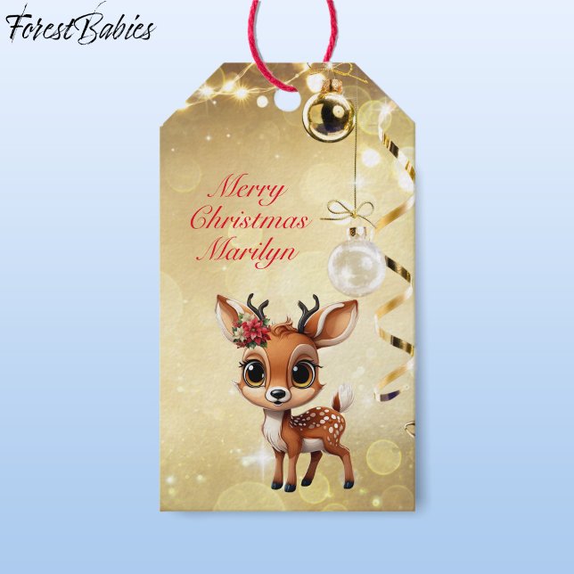 Étiquettes-cadeau Baby Deer, Fawn, Doe, Reindeer 🦌 🎄 Gold Festive (Cute Baby Floral Deer, Fawn, Poinsettia Flower Doe Lover Reindeer Antlers ForestBabies Gift Tag🦌 🎄)
