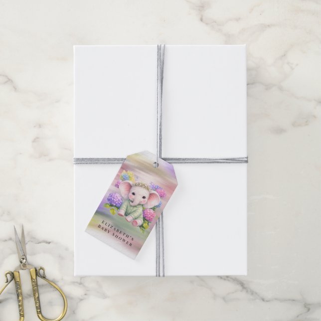 Étiquettes-cadeau Baby Elephant with Hydrangeas Baby Shower (Avec de la ficelle)