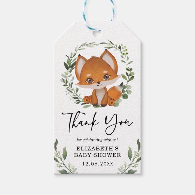 Étiquettes-cadeau Baby Fox Eucalyptus Verdure Foliage Douche Favoris (Devant)