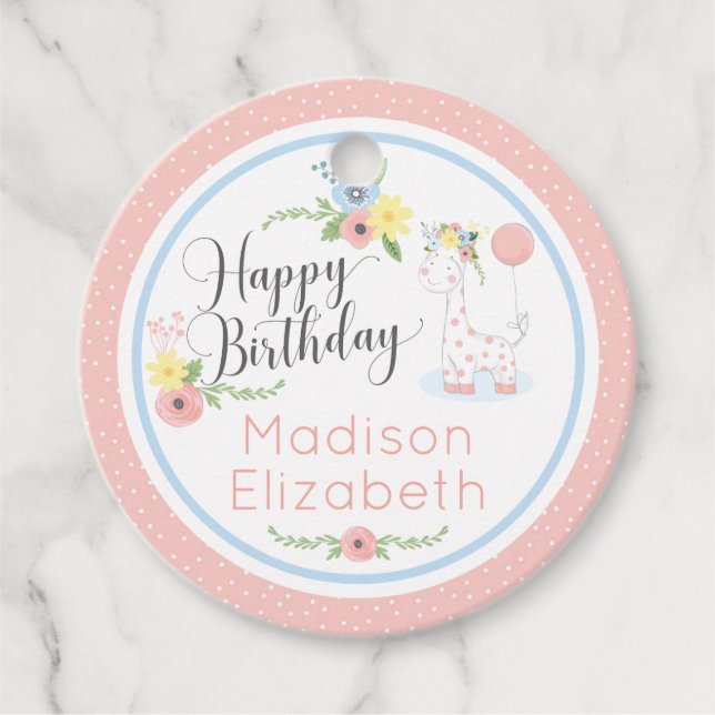 Étiquettes Cadeau Baby Giraffe rose Floral Joyeux 1er anniversaire f (Devant)