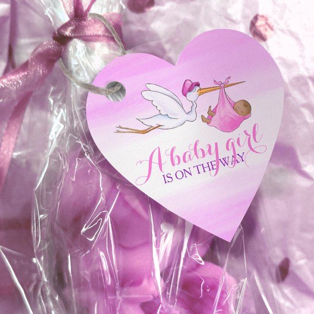 Étiquettes Cadeau Baby girl douche cigogne rose aquarelle merci (Créateur téléchargé)