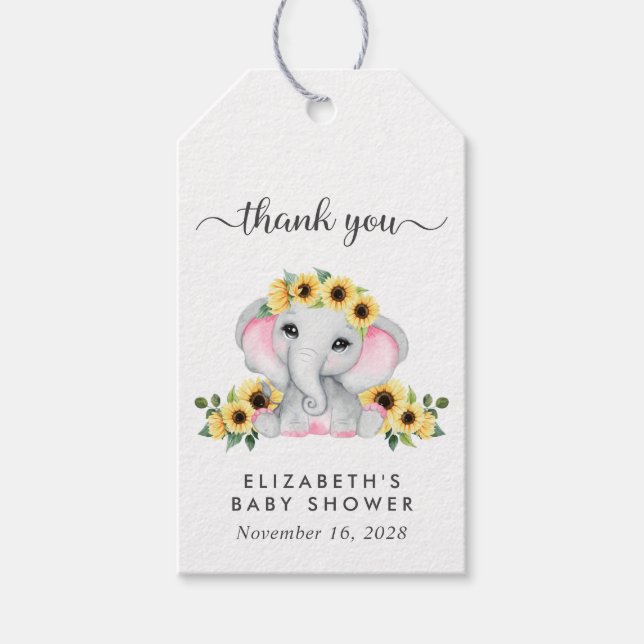Étiquettes-cadeau Baby Girl Douche Fleurs de soleil Elephant Merci (Devant)