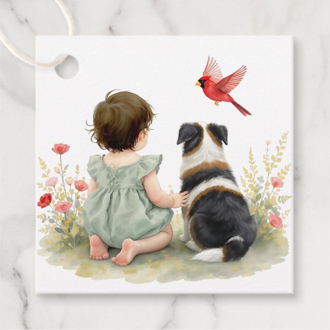 Étiquettes Cadeau Baby Girl, Puppy Dog, Butterflies and Wildflowers (Devant)
