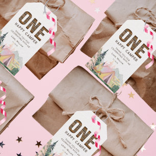 Étiquettes-cadeau Baby Girl Rustic One Happy Camper Anniversaire