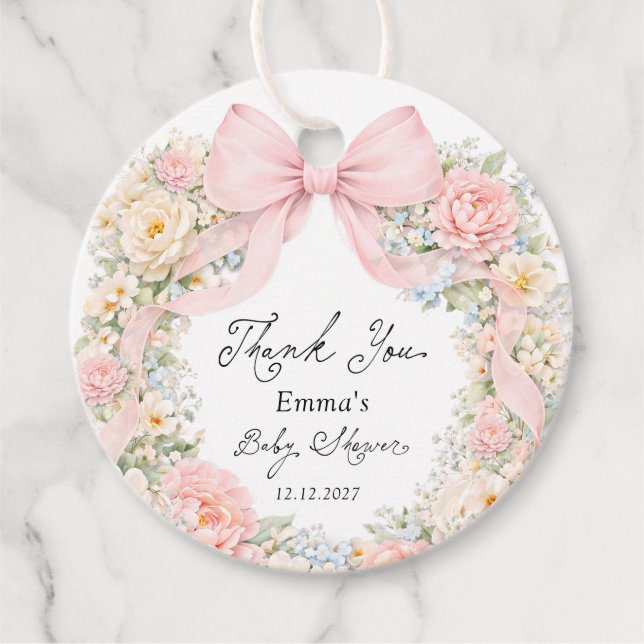 Étiquettes Cadeau Baby in Bloom Blush Pink Bow Thank You (Devant)