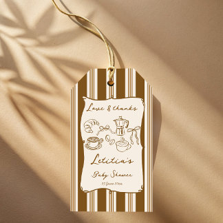 Étiquettes-cadeau Baby is brewing retro stripes coffee baby shower 