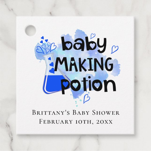 Étiquettes Cadeau Baby Making Potion Coeurs Bleus Mini bouteille (Devant)