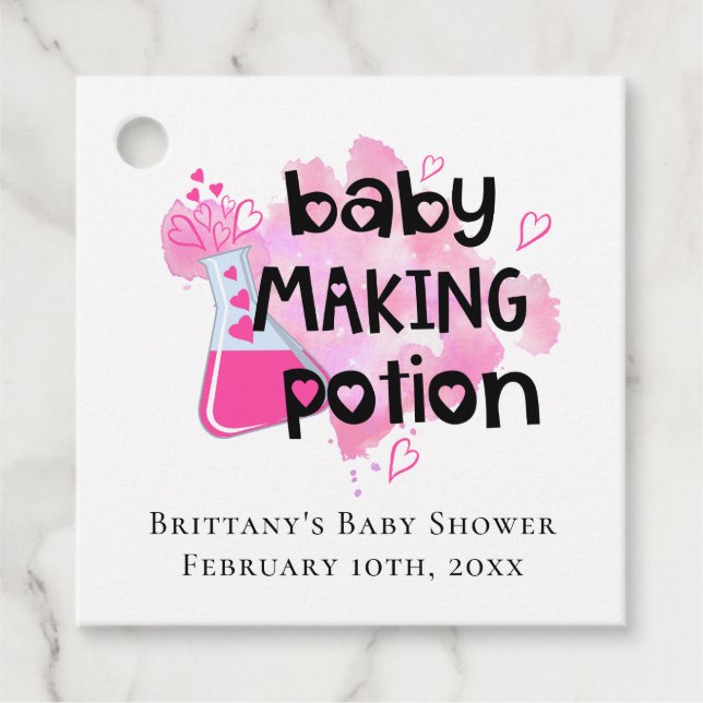 Étiquettes Cadeau Baby Making Potion Coeurs roses Mini bouteille (Devant)