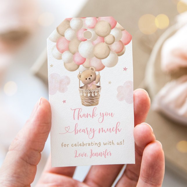 Étiquettes-cadeau Baby shower à ballon à air chaud pour fille rose T (Créateur téléchargé)