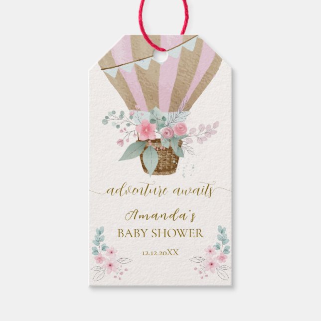 Étiquettes-cadeau Baby shower à bulle à air chaud rose élégant Flora (Devant)