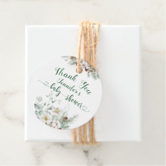 Étiquettes Cadeau Baby shower à feuillage persistant d'hiver