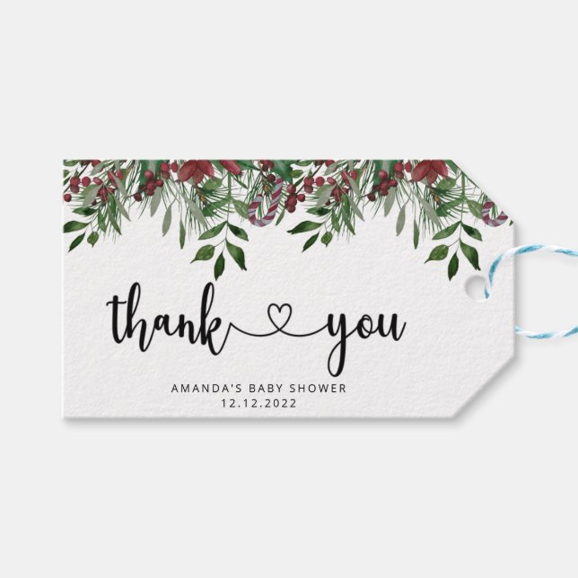 Étiquettes-cadeau baby shower à feuillage persistant merci (Devant (Horizontal))