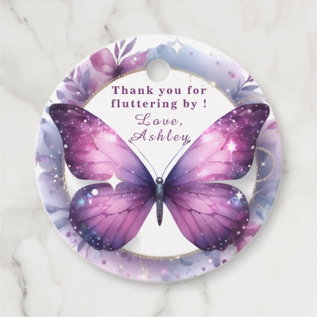 Étiquettes Cadeau Baby shower à papillon pourpre Merci (Devant)