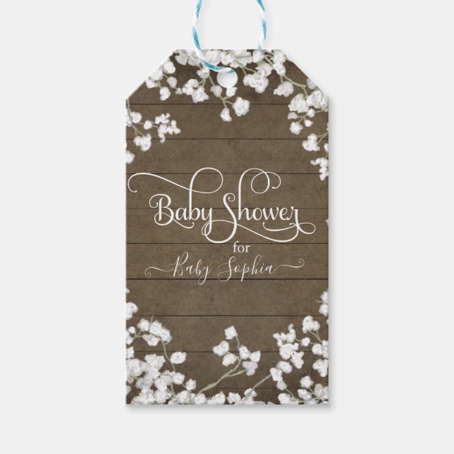 Étiquettes-cadeau Baby shower à script de fleurs blanc en bois foncé (Devant)