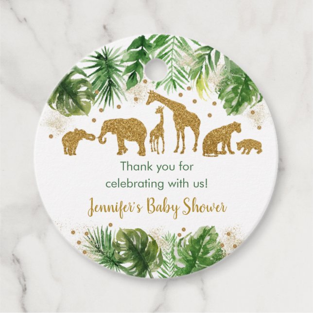 Étiquettes Cadeau Baby shower animal Gold Safari (Devant)