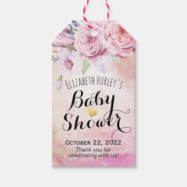 Étiquettes-cadeau Baby shower Aquarelle Bohème Fleurs & Plumes (Devant)