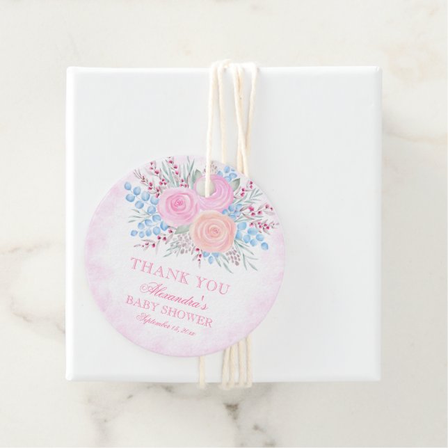Étiquettes Cadeau Baby shower aquarelle Bouquet Roses roses roses (En situation)