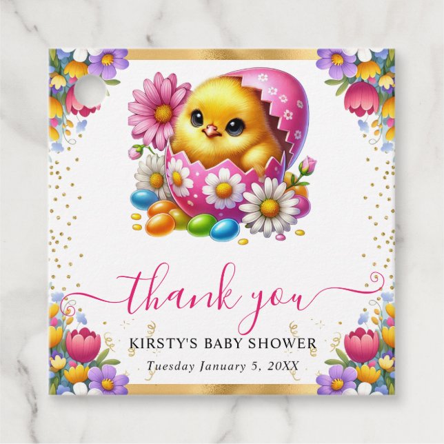 Étiquettes Cadeau Baby Shower Aquarelle Fleurs Printanières Poussin  (Devant)