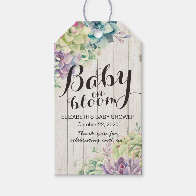 Étiquettes-cadeau Baby shower Aquarelle Succulent Plantes Bois blanc (Devant)