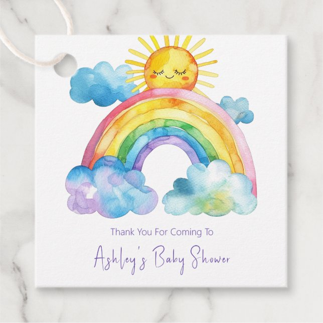 Étiquettes Cadeau Baby shower arc-en-ciel aquarelle (Devant)