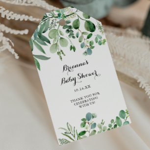 Étiquettes-cadeau Baby-Shower au feuillage botanique d'eucalyptus ve