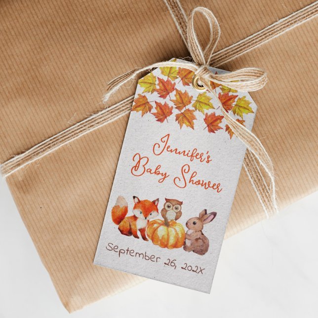 Étiquettes-cadeau Baby shower Automne Feuilles Citrouille mou Fox Bu (Créateur téléchargé)