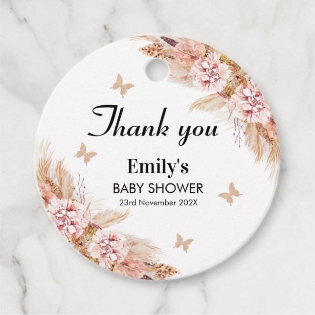 Étiquettes Cadeau Baby shower Baisers à papillon floral Boho Blush (Devant)
