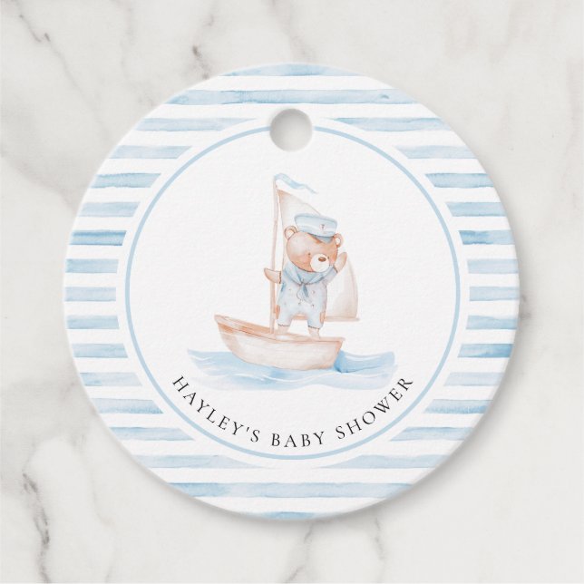 Étiquettes Cadeau Baby shower Bear Bleu Stripe (Devant)
