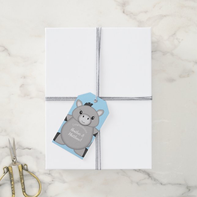 Étiquettes-cadeau Baby shower bleu âne (Avec de la ficelle)