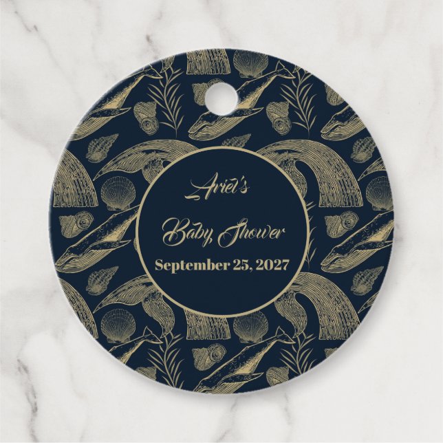 Étiquettes Cadeau Baby shower bleu baleine marine vintage (Devant)