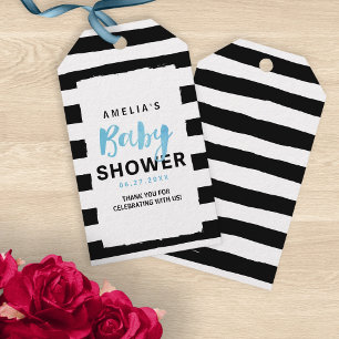 Étiquettes-cadeau Baby shower Bleu Chic noir et blanc