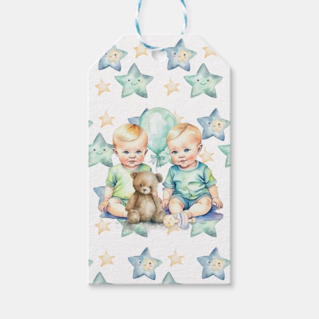Étiquettes-cadeau Baby shower Blue Green Twin Baby Boys ou Nouveau b (Devant)