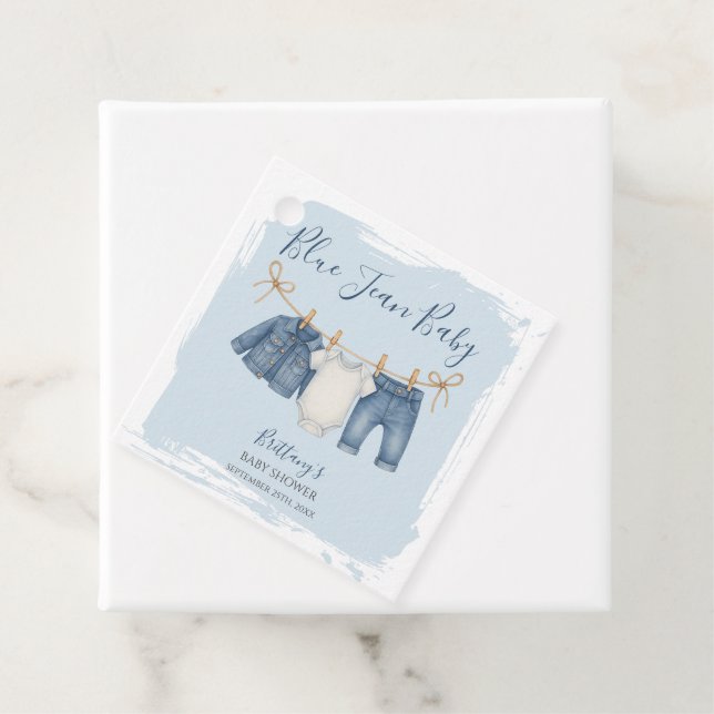 Étiquettes Cadeau Baby shower Blue Jeans Denim (En situation)