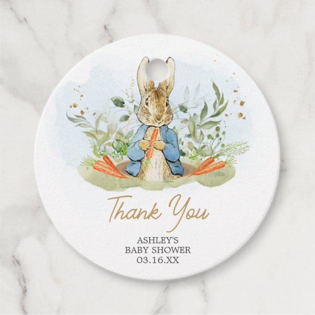 Étiquettes Cadeau Baby shower Blue Peter Rabbit rond (Devant)